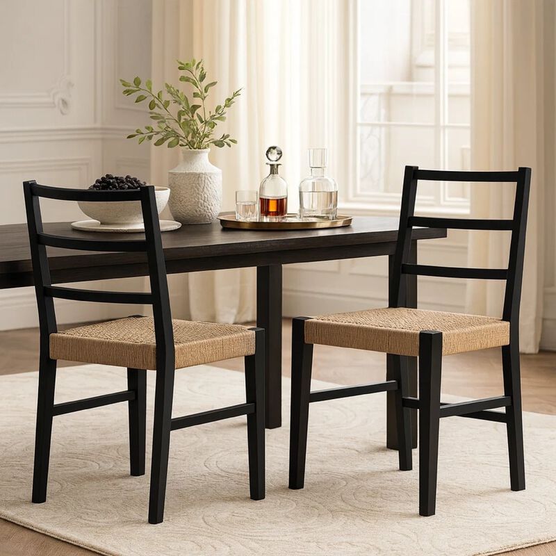 Wrenn Dining Side Chair Set of 2, Faux Rattan Woven Seat, Black Wood image number 6