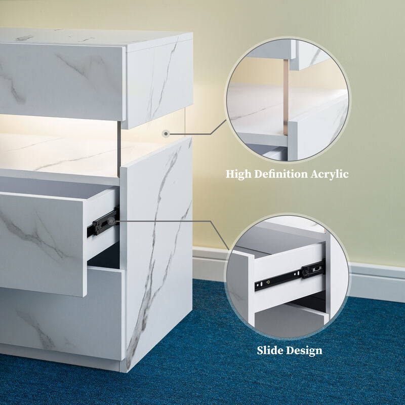 TATEUS Acrylic LED Nightstand with 3 Drawers, Lighted Bedside Table Dresser for Bedroom End Furniture