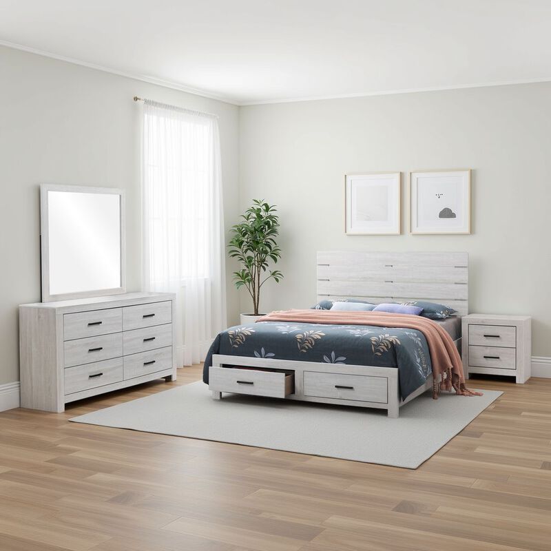 Sili 4pc Queen Storage Bedroom Set, Coastal White and Bronze