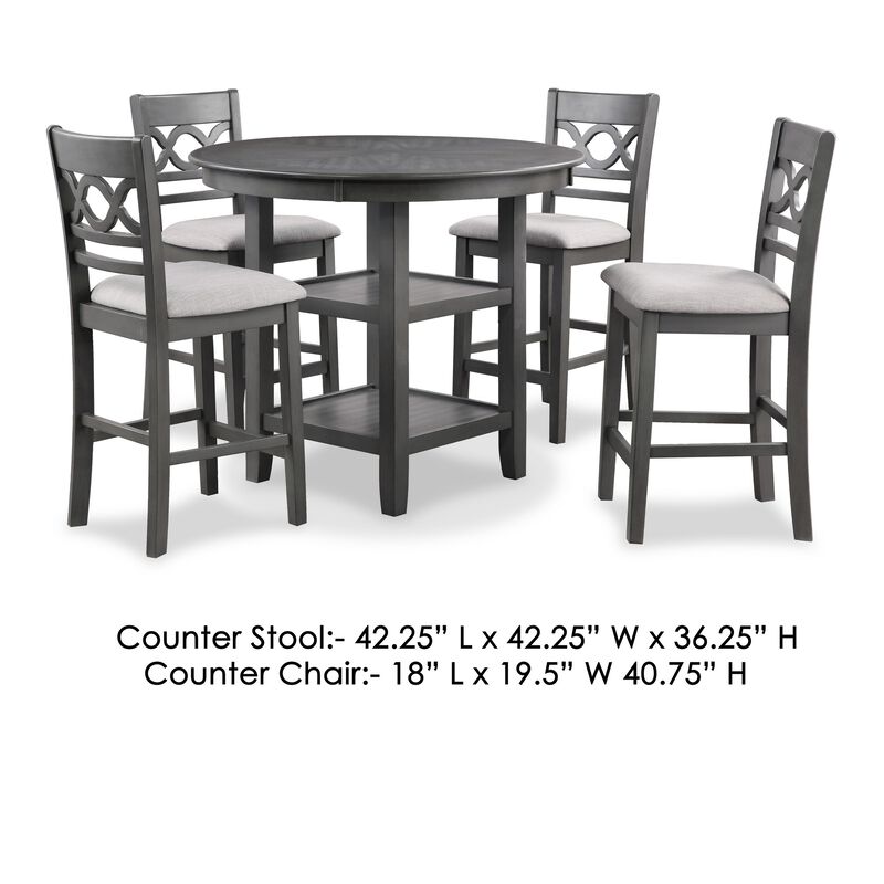 Ceri 5pc Round Counter Dining Table and Chair Set, Gray Wood, White Fabric - Benzara