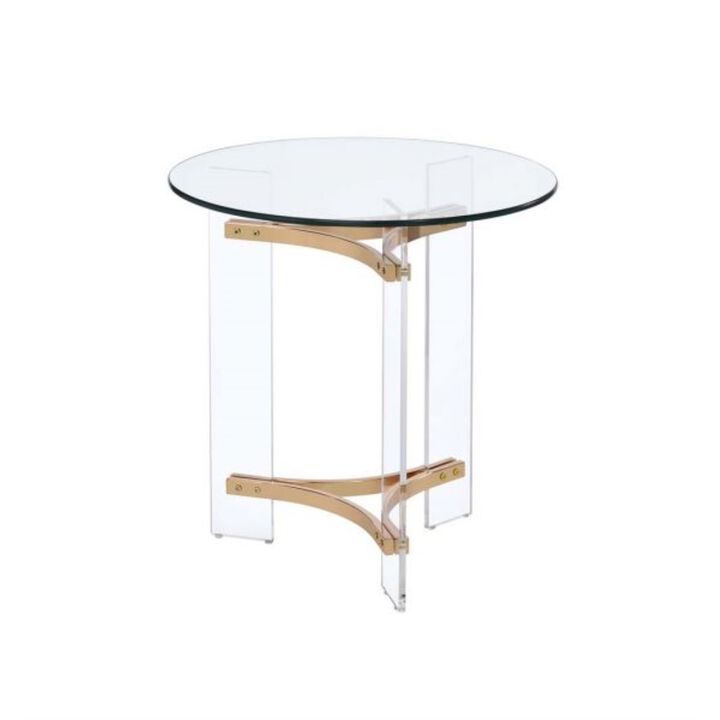 Acme Sosi Round Tempered Glass Top End Table in Clear and Gold