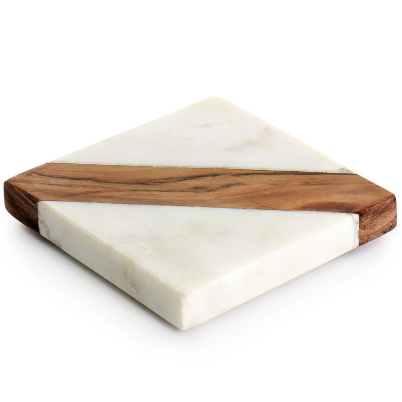 Laurie Gates California Designs Mango Wood and White Marble Square 4 Piece Coaster Set