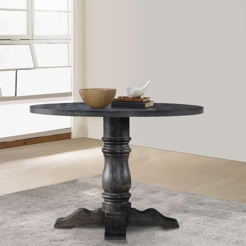 Wooden Round Dining Table With Heavy Pedestal Feet, Weathered Gray image number 1