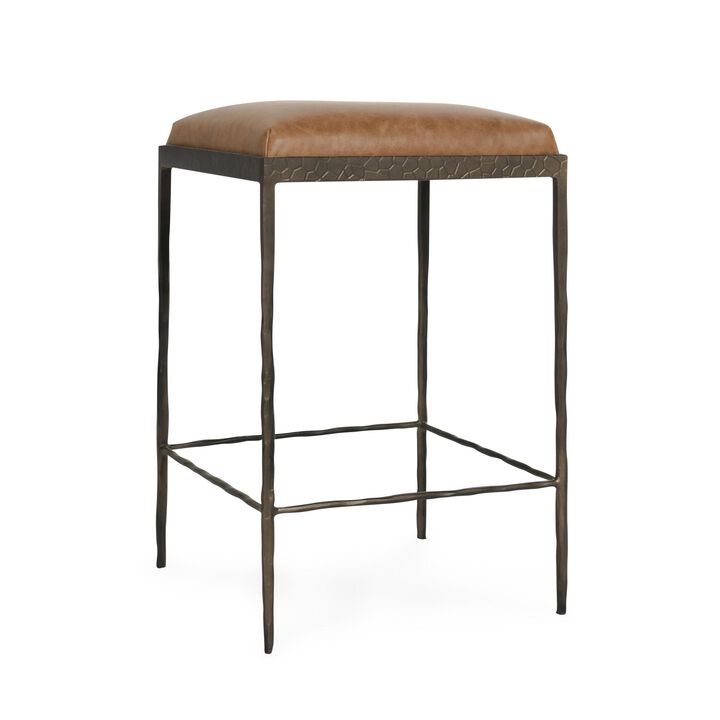 Ocea Counter Stool with Chestnut Brown Leather Seat, Textured Iron - Benzara