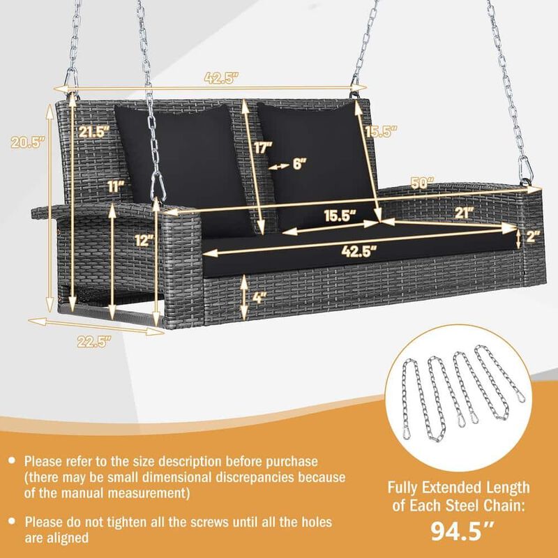 Mondawe 2-Person Patio PE Wicker Hanging Porch Swing Bench Chair Cushion 800 Pounds