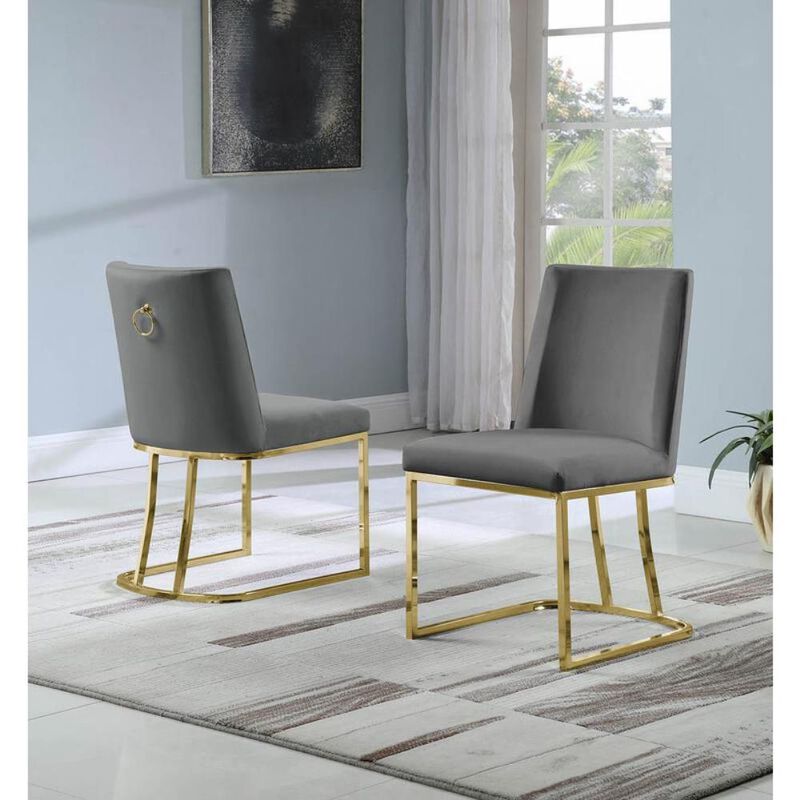 Velvet Upholstered Side Chair, Gold Color Legs  Dark Grey -Set of 2
