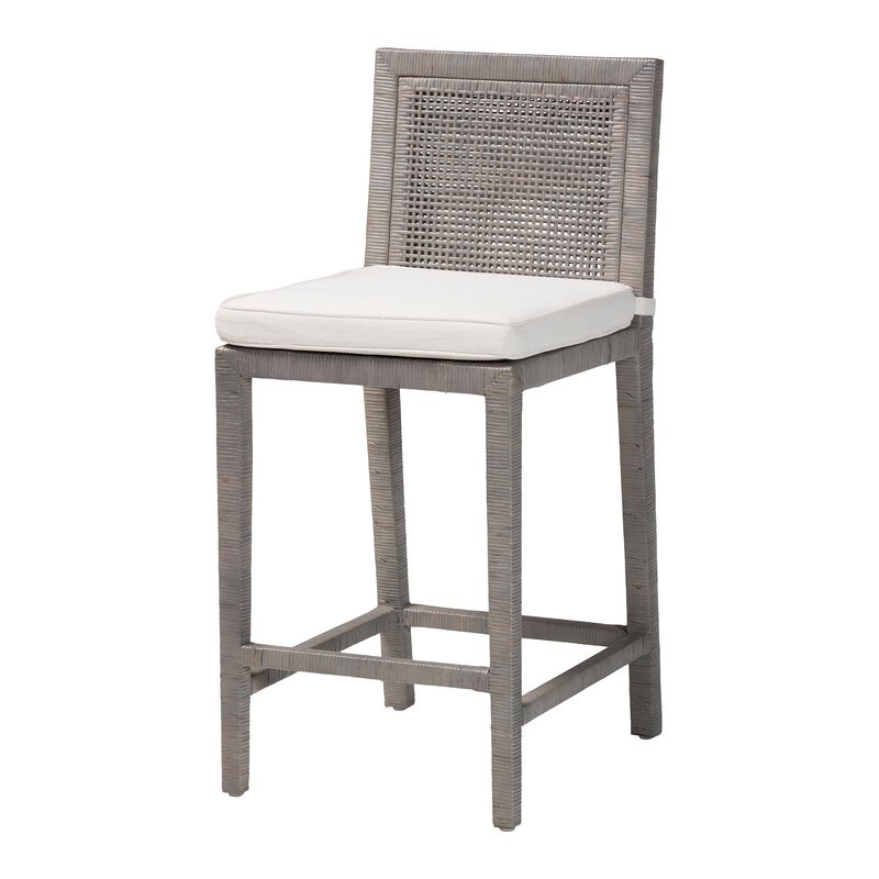 bali & pari Sofia Rattan Counter Stool with Mahogany Wood Frame - Handwoven Wicker Counter Height Chair with Cushion, Coastal Boho Style Kitchen Island Seating, French Grey