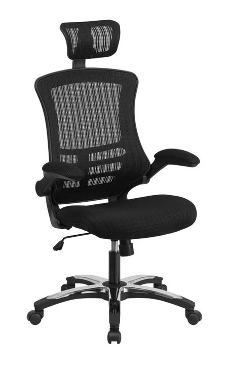 Kelista High-Back Black Mesh Swivel Ergonomic Executive Office Chair with Flip-Up Arms and Adjustable Headrest