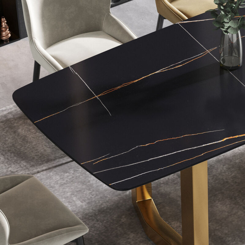 63" Modern artificial stone black curved golden metal leg dining table -6 people