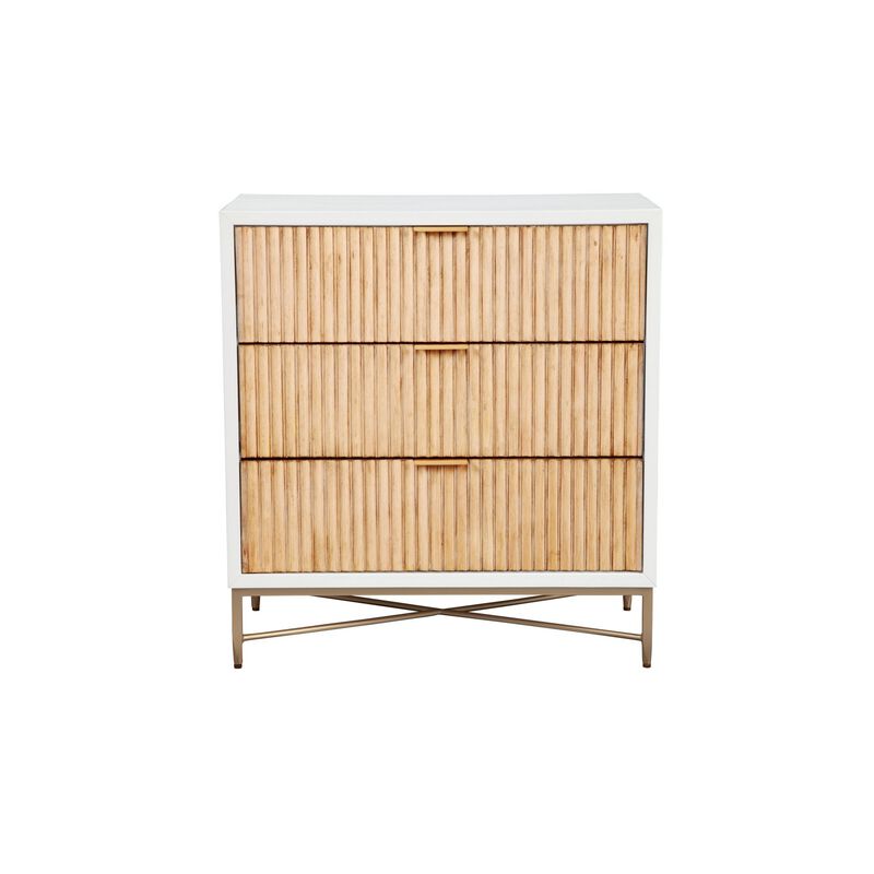 Eli 34 Inch 3 Drawer Small Dresser Nightstand, Corrugated Panels, White, Gold-Benzara