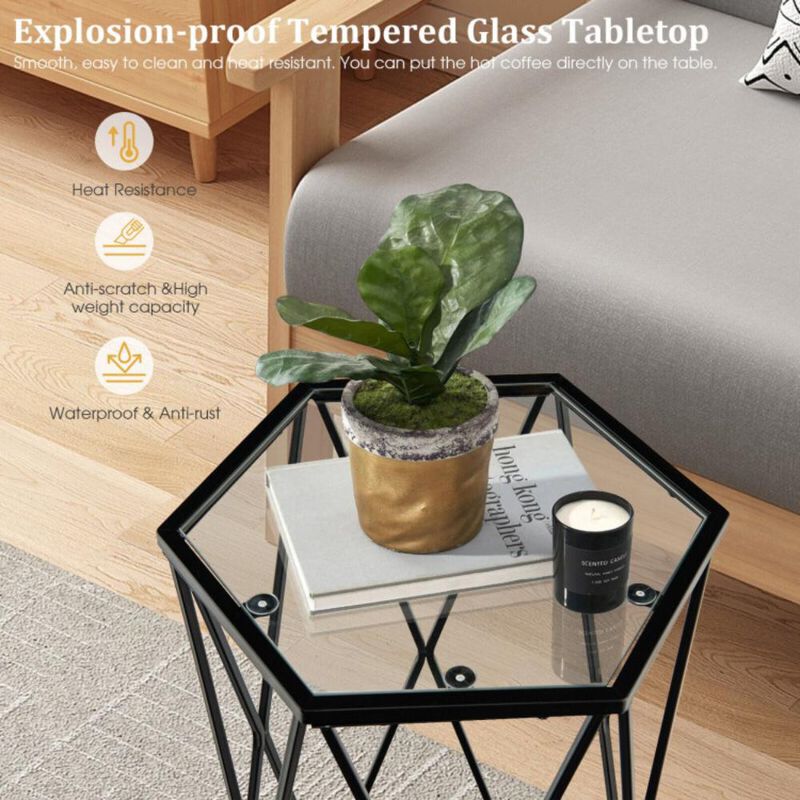 Hivvago Hexagonal Accent End Table with Tempered Glass Top and Metal Frame
