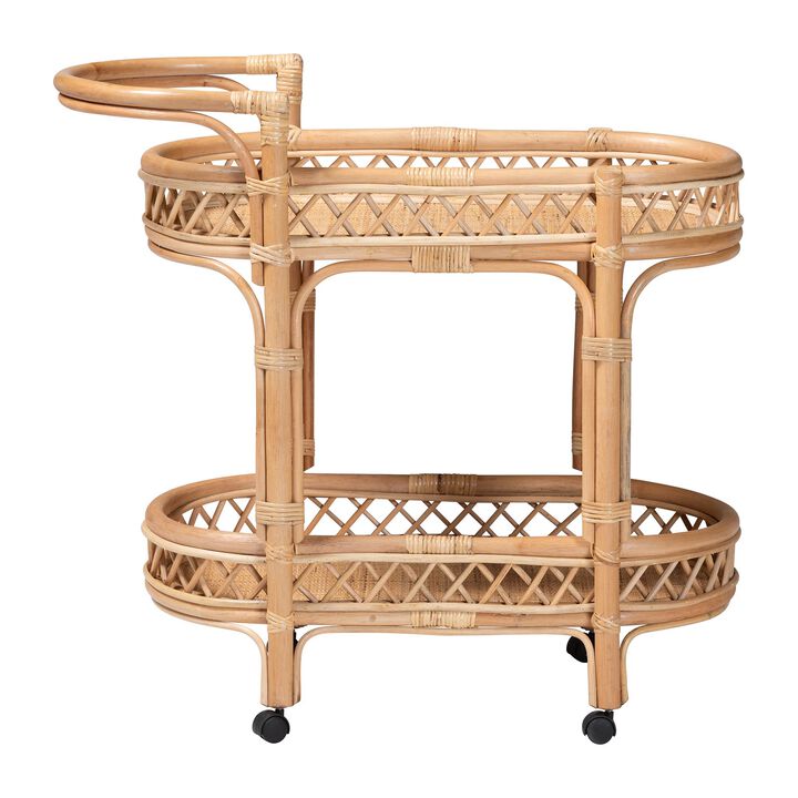 bali & pari Raul Natural Rattan Kitchen Cart - 2-Tier Handwoven Wicker Storage Trolley with Handle for Kitchen or Lounge