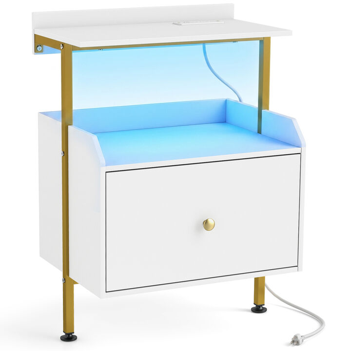 Wall-Mounted Nightstand with LED Lights and Charging Station for Bedroom