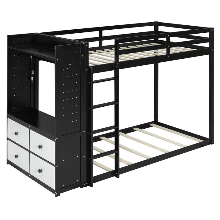 Merax Bunk Bed with Built-in Wardrobe, LED Light, 4 Storage Drawers & Dual Pegboards