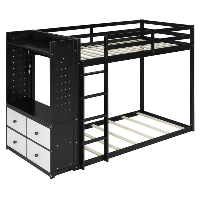 Merax Bunk Bed with Built-in Wardrobe, LED Light, 4 Storage Drawers & Dual Pegboards image number 0