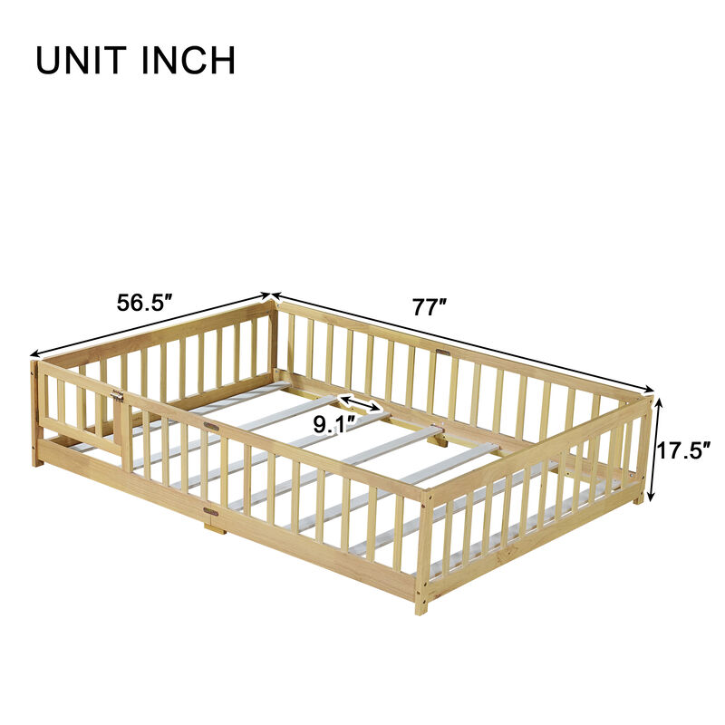 Whisen Full-Size Floor Bed with Safety Enclosure and Door, Rubber Wood Frame with Guardrail Fence image number 9