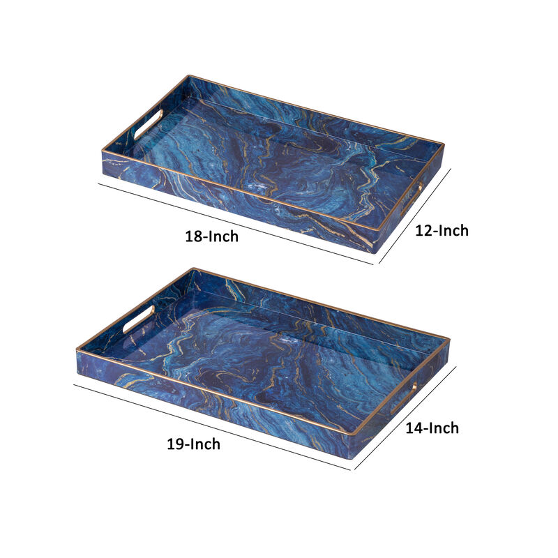 19, 18 Inch Set of 2 Modern Decorative Trays, Blue Pattern with Gold Rim-Benzara