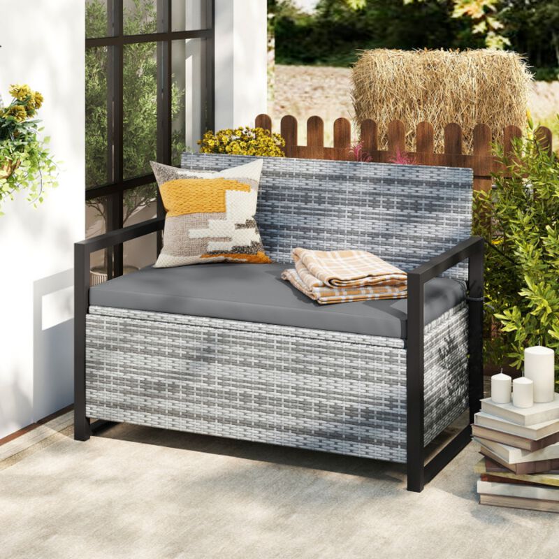 Patio Wicker Storage Bench Outdoor Loveseat with 40 Gallon Built-in Storage and Cushion image number 2