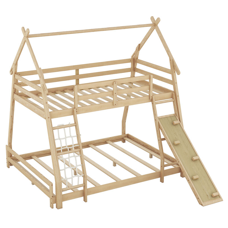 Whisen Twin over Queen House Bunk Bed with Climbing Nets and Climbing Ramp