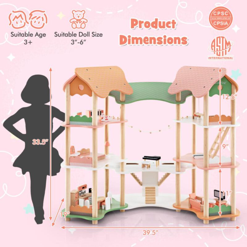 Hivvago 3-Tier Wooden Dollhouse for Kids Aged 3-8 Years Old with 32 Pieces of Accessories