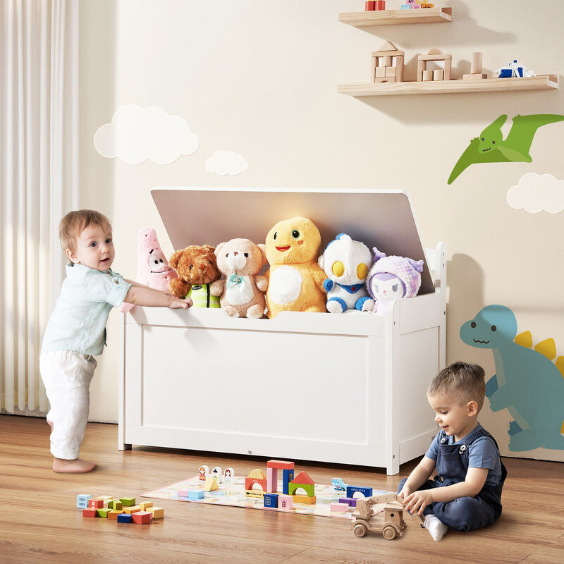 Wooden Toy Chest with Flip-Top Lid and Safety Hinge for Kids' Room or Playroom