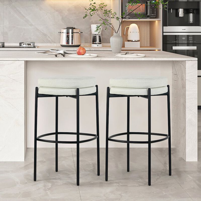 Glamour Home Set of 2 Avril White Boucle Backless Bar Stool with Black Metal Legs