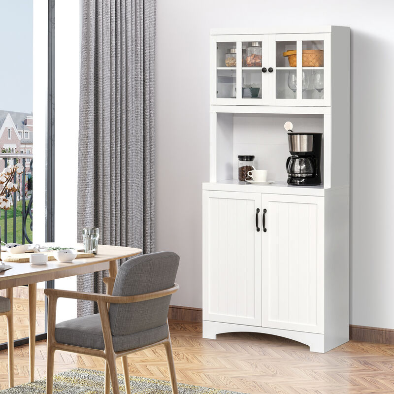 Freestanding Kitchen Storage Cupboard with Framed Glass Doors & Open Countertop