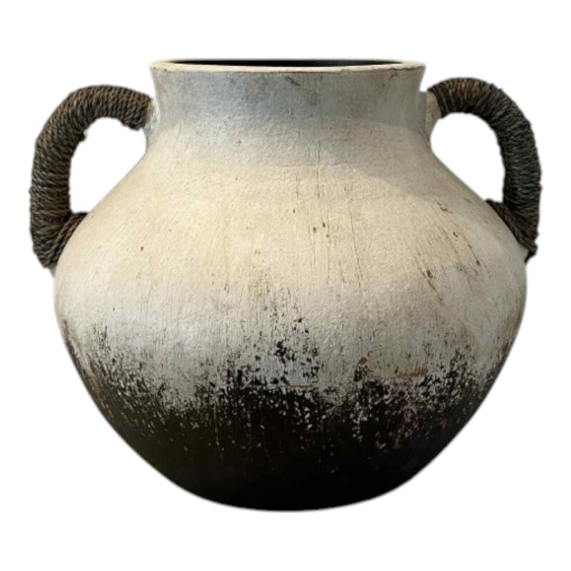12x10" Clay Vase With Rope Handles, White/brown image number 2