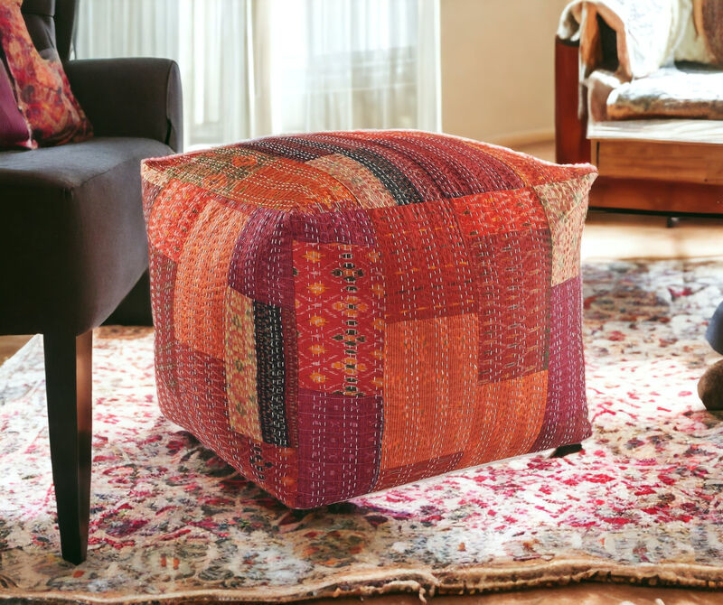 Patchwork Pouf Ottoman – Accent Floor Cushion for Bedroom or Living Room