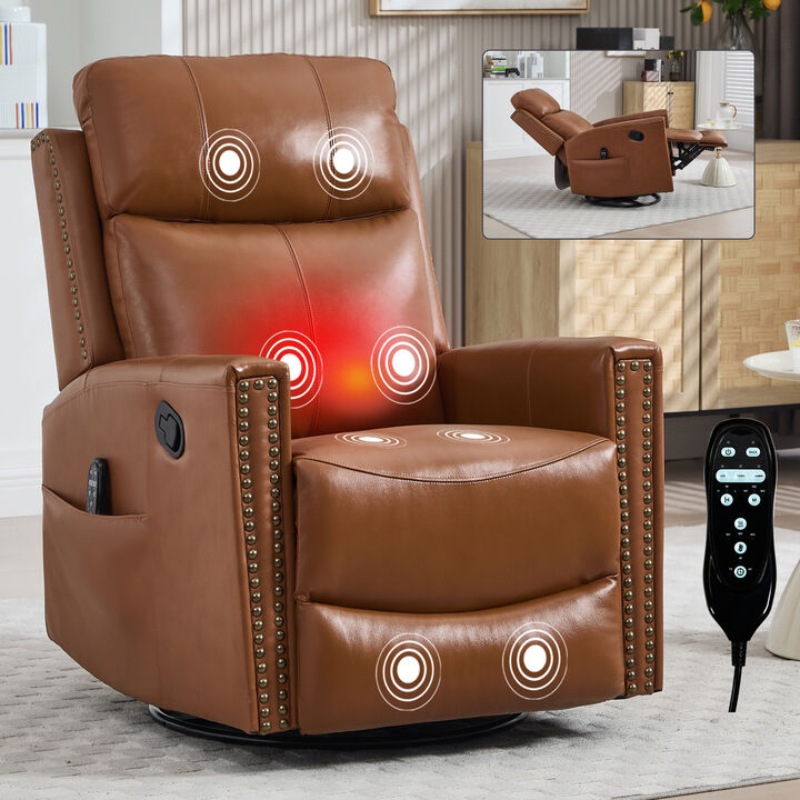 Genuine Leather Heat Massage Manual Recliner Chair with Rocker and Swivel for Living Room