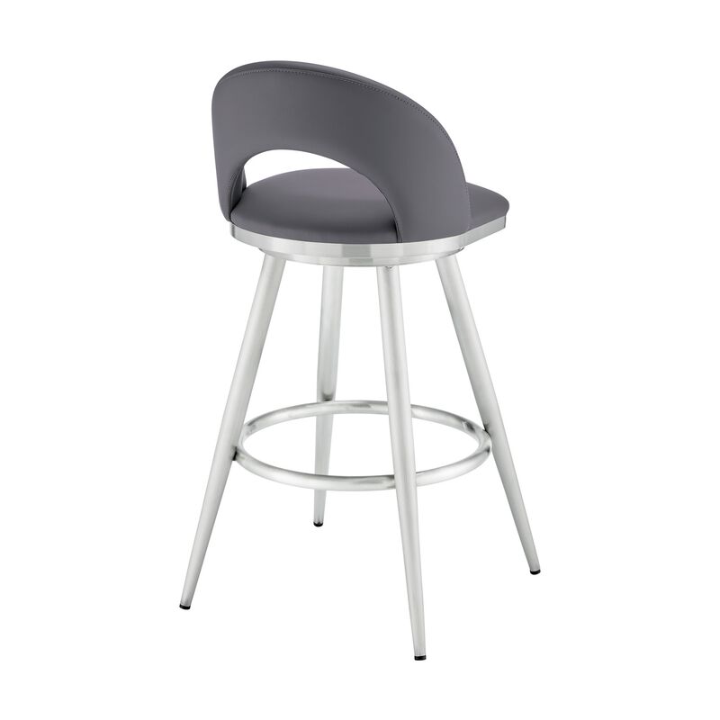 Visy 30 Inch Swivel Barstool Chair, Round Open Back, Gray Faux Leather - Benzara