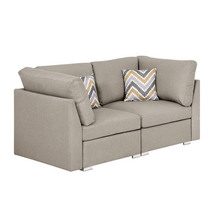 Niyam 67 Inch Modern Loveseat Couch with Pillows, Wood Frame, Beige Fabric-Benzara