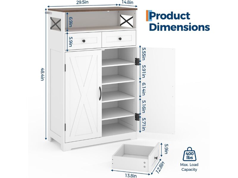 Slim Entryway Shoe Storage Cabinet Adjustable Shelves White image number 2