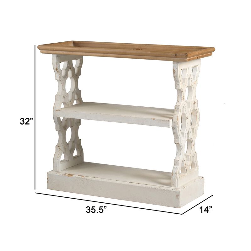 35 Inch 3 Tier Console Table, Fir Wood, Carved Panels, Brown and White