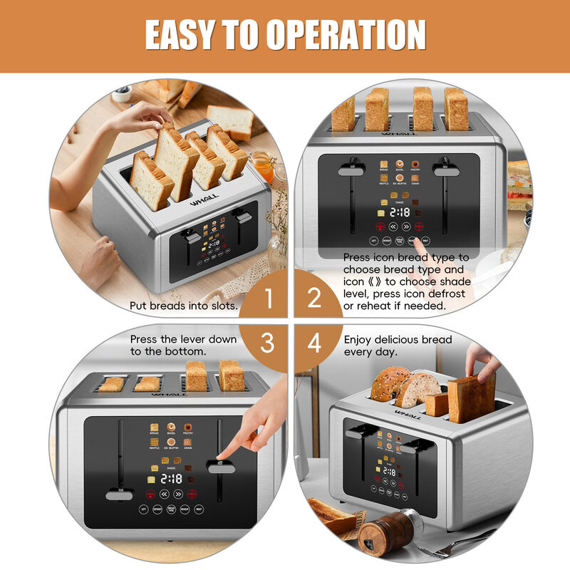 WHALLULTRA Toaster 4 Slice,Touchscreen Toaster with 6 Bread Types & 6 Shade Settings, Stainless Still 2 slice Toaster image number 6
