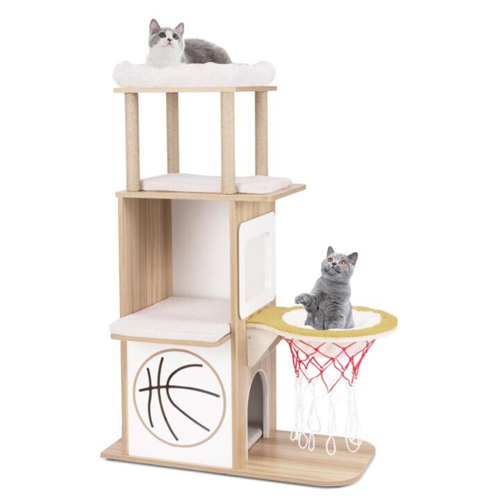Hivvago 47 Inches Wooden Cat Tree with 2-Story Cat Condo and Basketball Hoop Hammock
