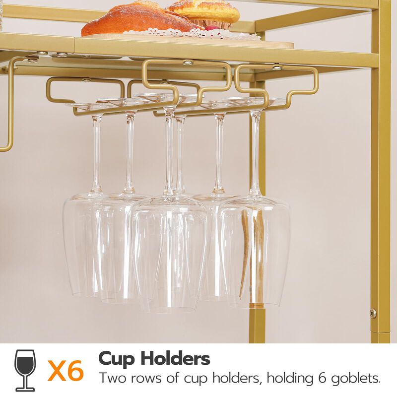 Bar Cart on Wheels with Wine Rack, Glass Holder, and Guardrail for Drinks-Gold image number 4