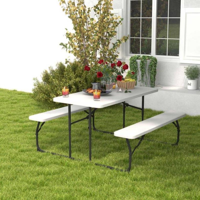 Hivvago Folding White HDPE Picnic Table with 2 Benches Outdoor Patio Furniture Set