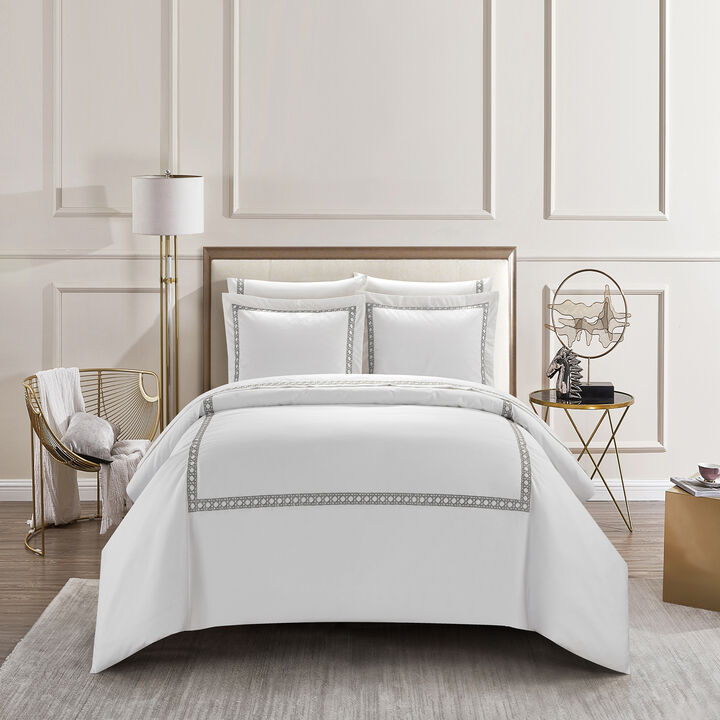 Chic Home Lewiston 7 Piece Cotton Blend Duvet Cover 1500 Thread Count Set Solid White With Embroidered Details Bed In A Bag Queen Grey