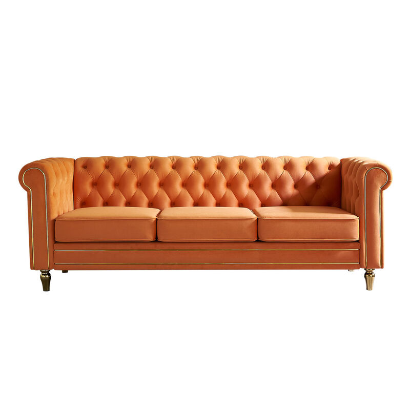 Chesterfield Velvet Sofa For Living Room Orange Color