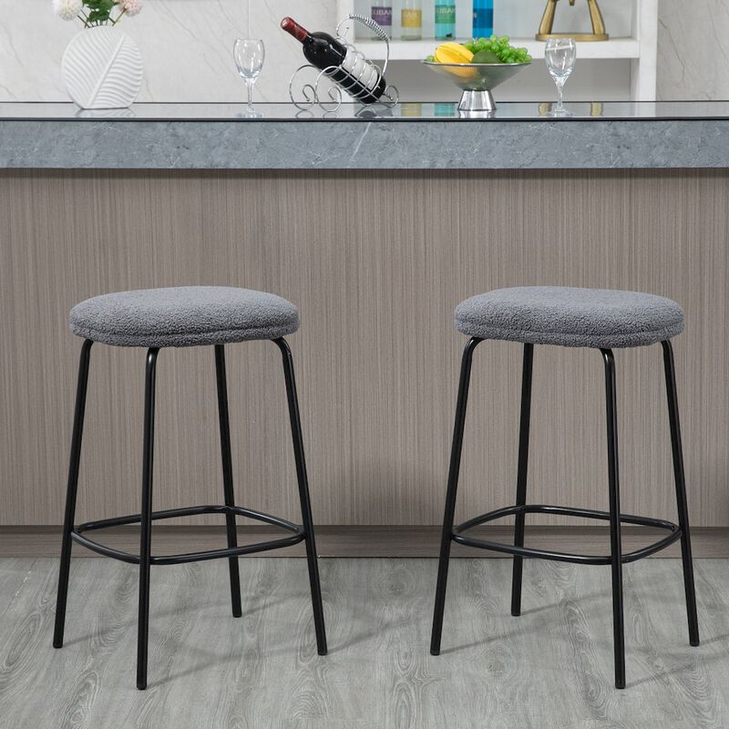 Glamour Home Set of 2 Ayana Gray Boucle Backless Counter Stool with Black Iron Legs