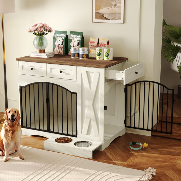 Whisen 43.3" Indoor Wooden Cabinets, Dog Kennel with 3 Drawers and Removable Feeder