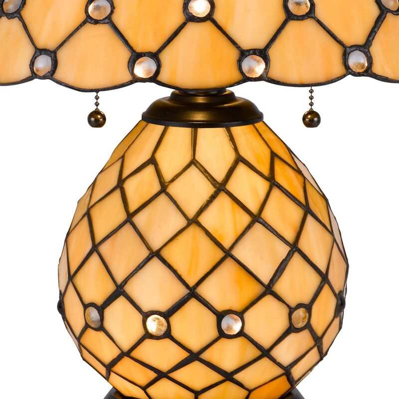 18 Inch Table Lamp, Pedestal, Tiffany Style Stained Glass, LED, Black Metal - Benzara