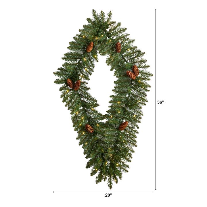 Hivvago 3' Holiday Christmas Geometric Diamond Wreath with Pinecones and 50 Warm White LED Lights