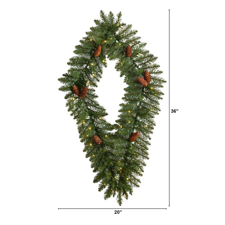 HomPlanti 3' Holiday Christmas Geometric Diamond Wreath with Pinecones and 50 Warm White LED Lights