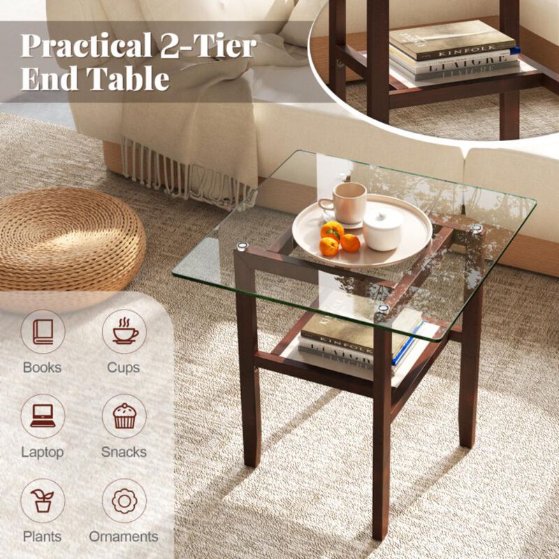 Hivvago 24 Inch 2-Tier Square Glass Coffee Table Center Table with Storage Shelf