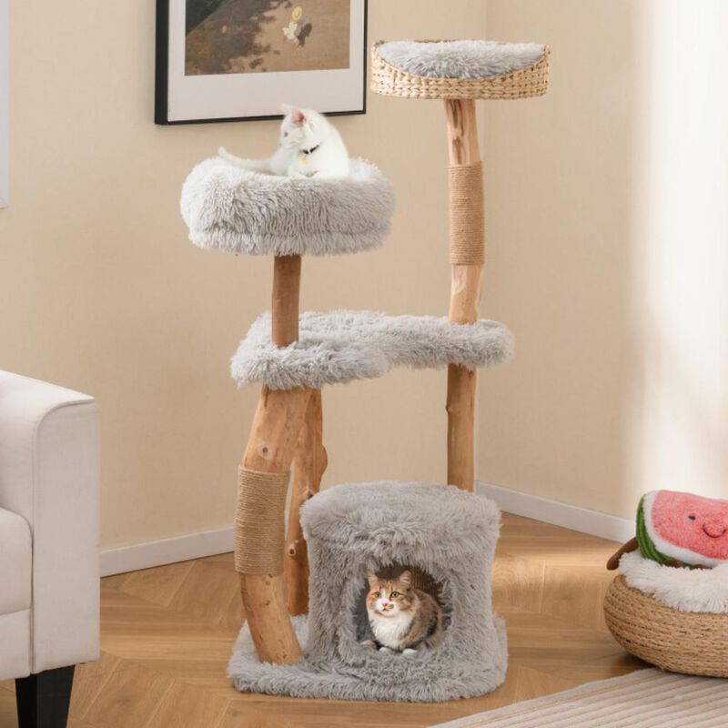 Hivvago Solid Wood Cat Tower with Top Cattail Basket Cat Bed