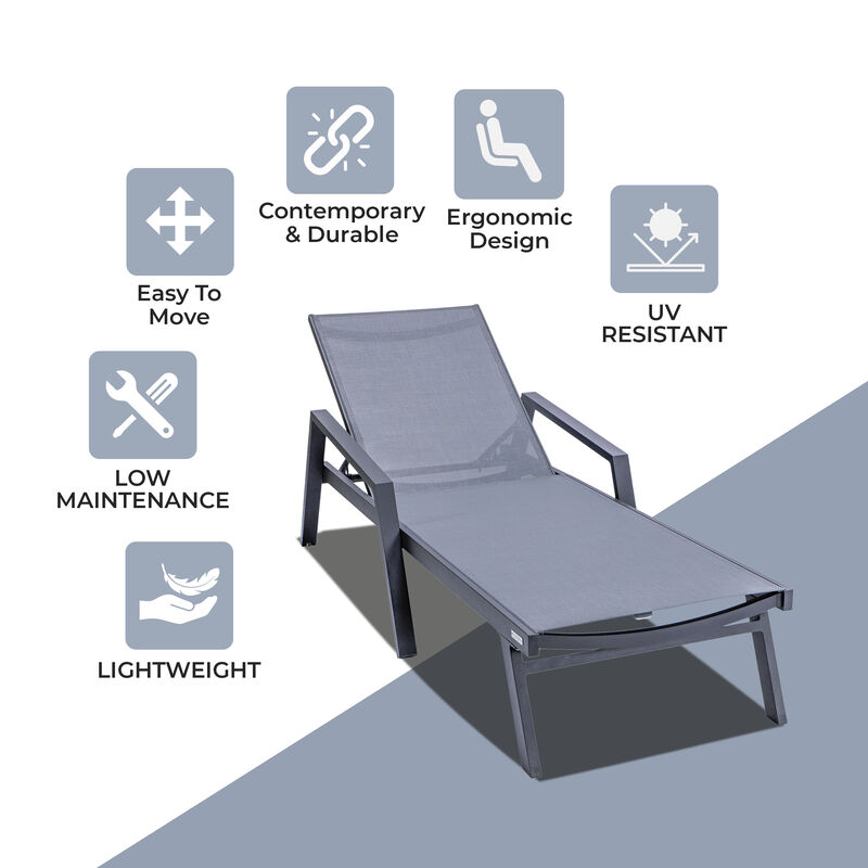 LeisureMod Marlin Poolside Outdoor Patio Lawn and Garden Modern Powder Coated Aluminum Frame Suntan Sling Chaise Lounge Chair with Armrests, Set of 2
