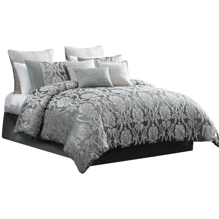 Emma 9 Piece Polyester Queen Comforter Set, Gray Silver Velvet Damask Print - Benzara