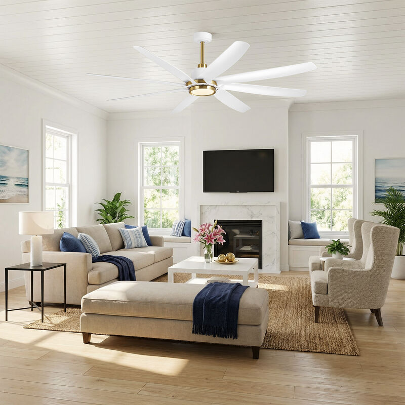 72" Modern Farmhouse White Reversible Dimmable 8 Blades Ceiling Fan with Light and Remote image number 2